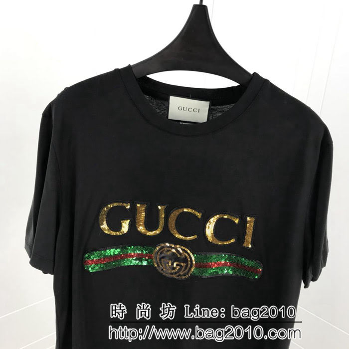 GUCCI古馳 19ss早春新款 燙金亮片LOGO頭短袖 雙股絲光棉面料 定制原版珠片 高版本情侶款 ydi2530